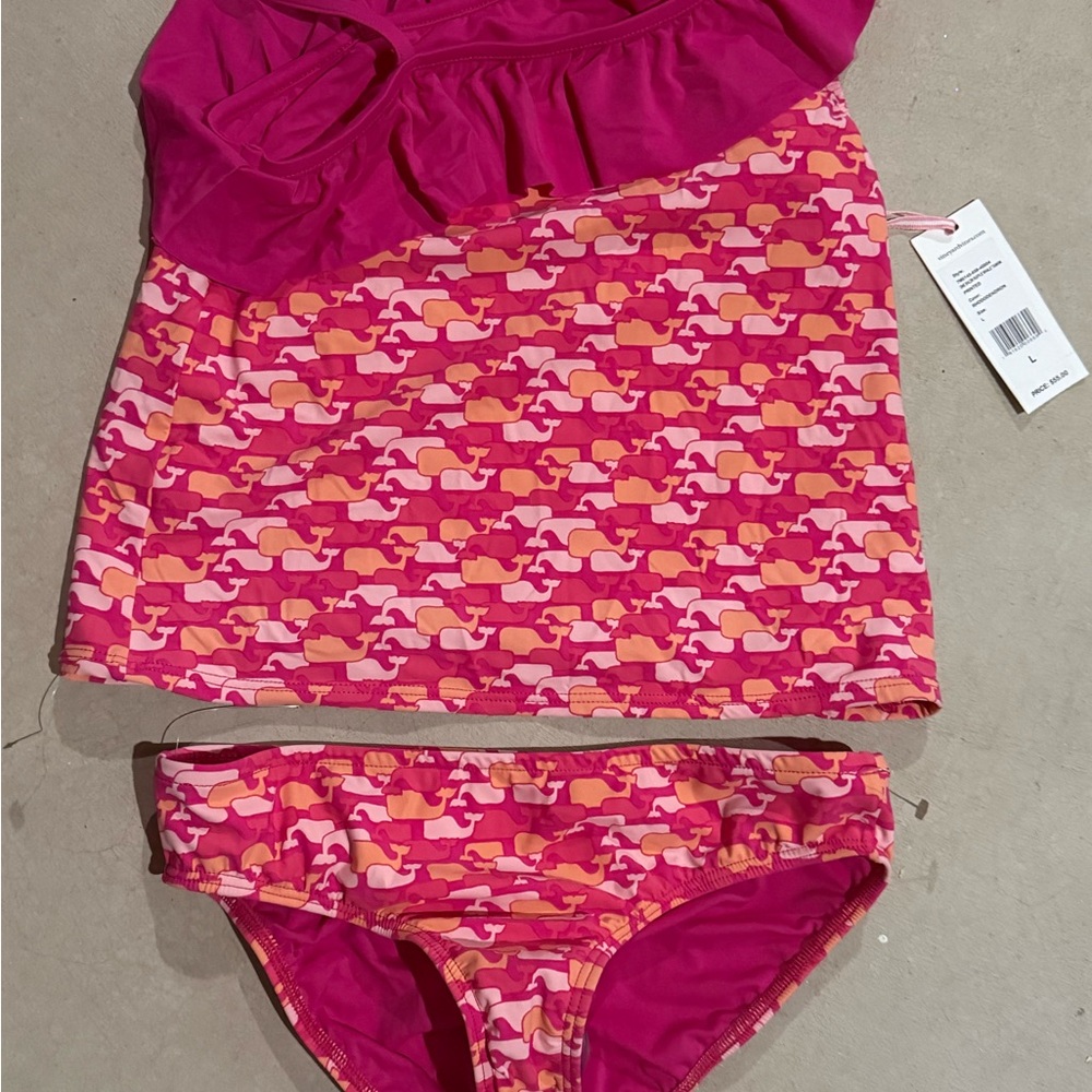 Vineyard Vines Pink Orange Bikini Ruffled Neckline one shoulder sz L girls NWT